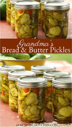 several jars filled with pickles sitting on top of a table