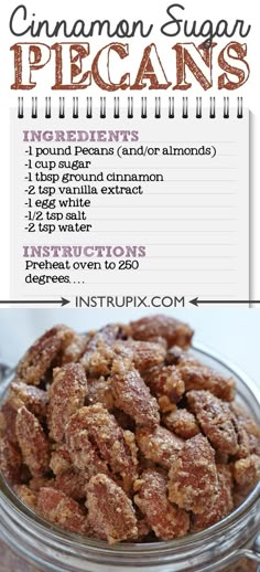 cinnamon sugar pecans in a glass jar with instructions on the side for making them