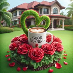 a coffee cup with roses in the shape of a heart