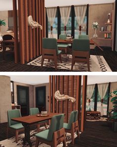 two views of a dining room and living room with wood paneling, blue upholstered chairs