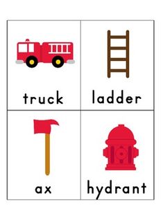 a set of four pictures with different types of objects in the shape of trucks, ladders, hydrant and fire hydrant