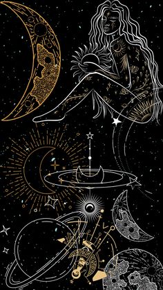 an image of a woman sitting on the moon with stars and planets in the background