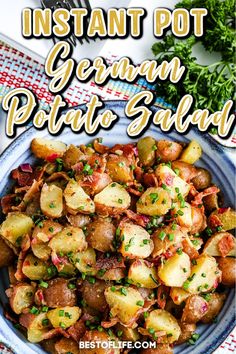 the instant pot german potato salad in a blue bowl on a red and white checkered tablecloth