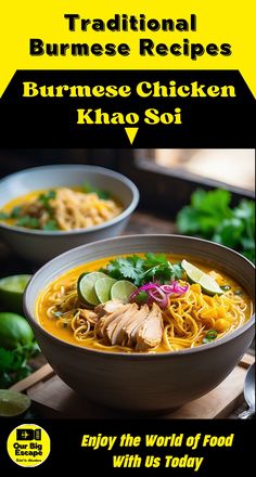 a bowl of food with noodles and meat in it on a wooden table next to limes