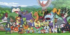 many pokemon characters are standing together in the grass