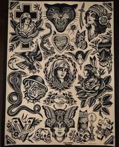 an old school tattoo design with many different tattoos