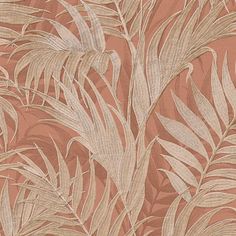 an orange and beige wallpaper with leaves on it