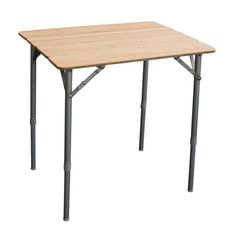 a wooden table with metal legs on a white background