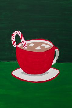 a painting of a cup of hot chocolate with candy canes in it on a saucer