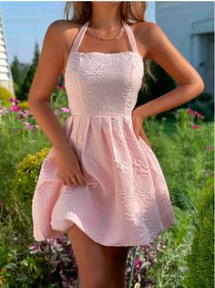 Baby Pink Textured Tie Backless Halter Dress Baby Pink Dresses, Shein Dress, Grad Dresses, Vestidos Vintage, Hoco Dresses, Halterneck Dress, Dance Dresses, Boutique Dresses, Simple Dresses