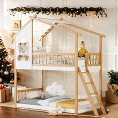 a wooden bunk bed with a christmas tree in the corner