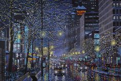 a painting of a city street at night with lights on the buildings and cars driving down it