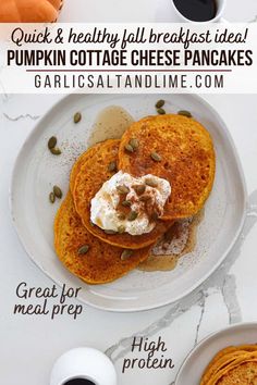 pumpkin cottage cheese pancakes on a white plate