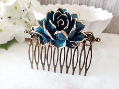 This medium sized hair comb is the perfect accent for a petite, romantic style for any occasion. Handfinished dark teal "antiqued" rose. Overall measurements are 2 1/2 /65mm length across and 2 1/4" / 56mm in height. Comb tines are 2" across in width. Each comb's finish is handpainted and will vary in appearance. Floral Hair Comb, Forest Theme Wedding, Bronze Hair, Floral Hair Combs, Vintage Hair Combs, Style Dark, Fancy Hairstyles, Hair Combs, Love Clothing