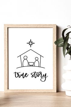 a black and white print with the words, one story on it next to a potted plant