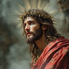 the face of jesus with crown of gold on his head and red cape around his neck