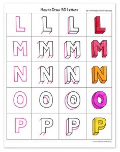 how to draw 3d letters with colored crayons on the back and pink, yellow,