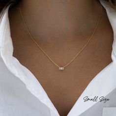 "Beautiful baguette necklace is so chic & elegant! Two sizes available! Matching Ring available! https://www.etsy.com/listing/675449515/dainty-simple-baguette-stacking-ring?click_key=19c7da79553d0d5c4803c1aed381d01c7be4e684%3A675449515&click_sum=e77a8c34&ga_search_query=baguette%2Bring&ref=shop_items_search_9&pro=1&sts=1 Small Pendant: 3x5 mm Baguette Stone Medium Pendnat: 4x6 mm Baguette Stone - - - D E T A I L S - - - * Made of 925 Sterling Silver * We use a THICK plating of 14k Gold or Rhodiu Baguette Necklace Diamond, Emerald Cut Necklace, Diamond Necklace Gift, Baguette Necklace, Matching Ring, Necklace Diamond, Local Jewelry, Necklace Minimalist, Pure Love