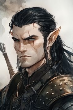 Xenthir Valdura stands tall, his physique a blend of human stature and elven grace. His skin is a warm bronze, smooth yet marked by faint scars of past battles. Jet-black hair falls to his shoulders in loose waves, framing his sharp, angular face. His eyes are a deep emerald green, set within a hardened brow. He wears dark leather armor, with metal studs that glint in the light, and he carries a f... Mood Board, Fictional Characters