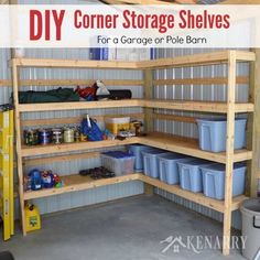 the inside of a storage room with shelves and buckets