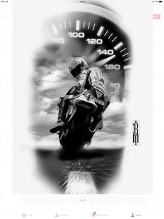 a black and white photo of a person on a motorcycle in front of a speedometer