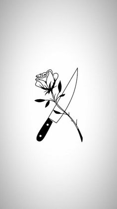 a black and white drawing of a knife with a rose on it