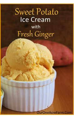 sweet potato ice cream with fresh ginger in a white bowl on a table next to potatoes