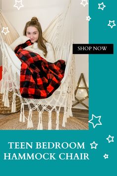 Stylish Teen Girl Bedroom Macrame Hammock Decor Idea! This is a cool lounging spot for a teen's bedroom! Add a macrame hammock swing chair. In stock: CORAL PINK, GRAY and OFF WHITE Options. By Limbo… More Hammock Decor, White Hammock, Bedroom Macrame