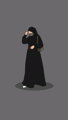 a woman in a black hijab is talking on her cell phone while standing against a gray background