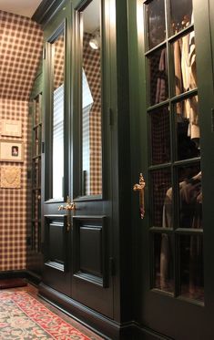 a closet with green doors and checkered wallpaper on the walls, next to a red rug