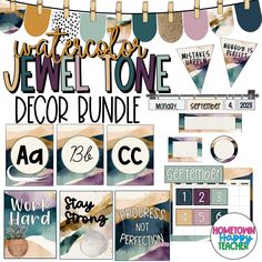 Modern Calm Classroom Decor Bundle- Jewel Tone Watercolors Calm Colors Bulletin Board Ideas, Color Schemes For Classroom, Jewel Tone Classroom, Unique Classroom Themes Elementary, Classroom Color Scheme, Watercolor Classroom Decor, Jewel Tone Decor, Watercolor Classroom