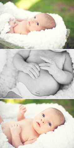 two pictures of a baby laying on top of a blanket with the same image in different ways