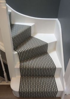 the stairs in this house are painted white and have black and white stripes on them