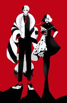 two people standing next to each other in front of a red background with black and white graphics