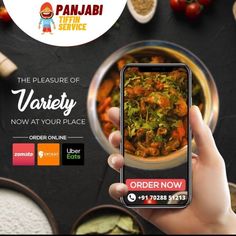 a person holding a cell phone in front of a bowl of food with the words, the pleasure of variety now at your place order now