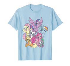 a blue t - shirt with many little ponys in the middle and one is flying