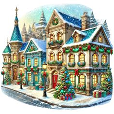 a painting of a christmas town with lights and presents on the front of it, surrounded by snow