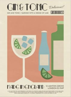 an advertisement for gin and tonic with a glass of lime next to a bottle of alcohol