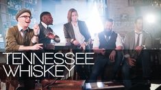 a group of men sitting next to each other in front of a tv screen with the words tennessee whiskey on it