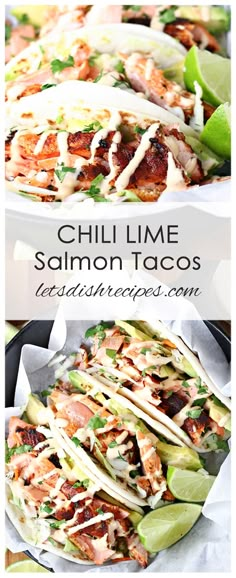 grilled salmon tacos with limes and cilantro on the side