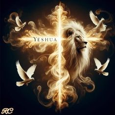 a lion and some birds flying around it with the word yeshua on it's cross