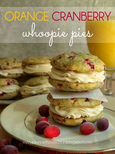 orange cranberry whoopie pies are stacked on top of each other