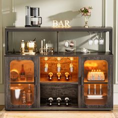 A multi-functional locker that combines beauty and functionality. The kitchen can be used as a kitchen pantry, buffet cabinet ,coffee bar, the dining room can be used as a wine cooler, double storage cabinets with 2 doors, plenty of space to store your whiskey, spirits or other wine collections. It can be used as sideboards and buffets, credenza in the living room. Made of high-quality materials, wooden structure, X Support, durable, stable, will not shake or tilt during use. Equipped with LED s Wood Coffee Bar, Cabinet Coffee Bar, Storage Buffet, Coffee Bar Cabinet, Home Bar Cabinet, Bed With Led Lights, Cabinet Wood, Buffet Sideboard, Bar Storage