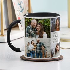 a black and white coffee mug with four photos on it sitting on a desk next to a computer