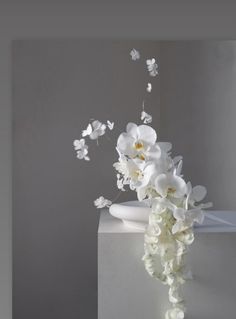 a white vase filled with flowers on top of a table