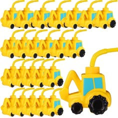 a set of yellow construction vehicles with black tires and wheels, all lined up in rows