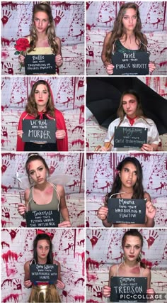 a series of photos with different people holding signs in front of their faces and hands