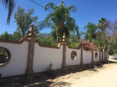 a white brick wall with round windows and plants on top, along side a dirt road