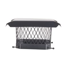 a black bird feeder with wire mesh on the top and bottom, in front of a white background