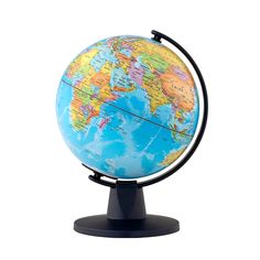 a blue and yellow globe on a black stand with the map in it's center